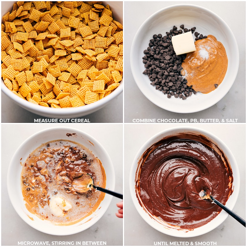 Process shots of Goblin Goodies (Halloween Muddy Buddies): Measure out cereal; combine chocolate, peanut butter and salt; microwave and stir to melt.