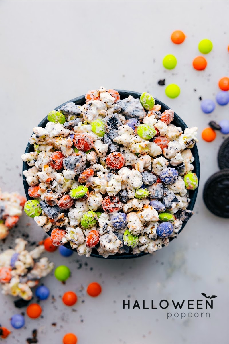 Overhead view of a bowl of Halloween Popcorn