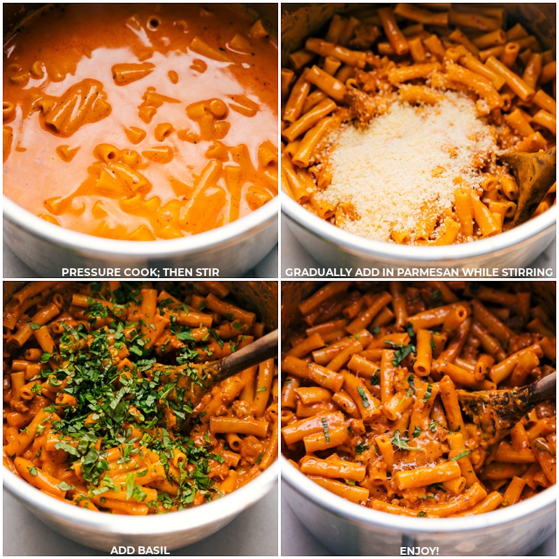 Process shots of Instant Pot Baked Ziti-- images of the dish being pressured cooked then Parmesan and basil being added in