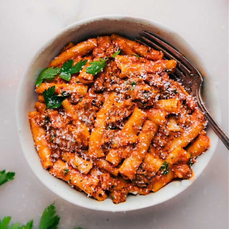 Up-close overhead image of the Instant Pot Baked Ziti in a bowl
