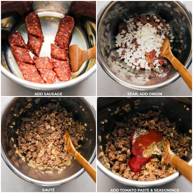 Process shots of Instant Pot Baked Ziti-- images of the sausage being browned then the onion being cooked and tomato paste and seasonings being added