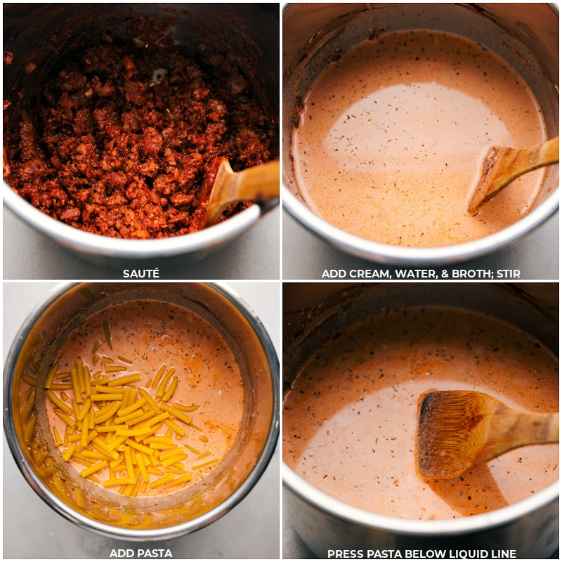 Process shots-- images of the cream, water, broth, and pasta being added to the pot