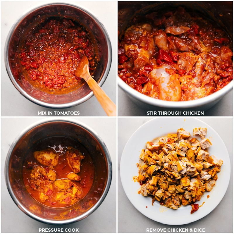 Tomatoes stirred into the mixture, chicken added and pressure-cooked, followed by removal and dicing.