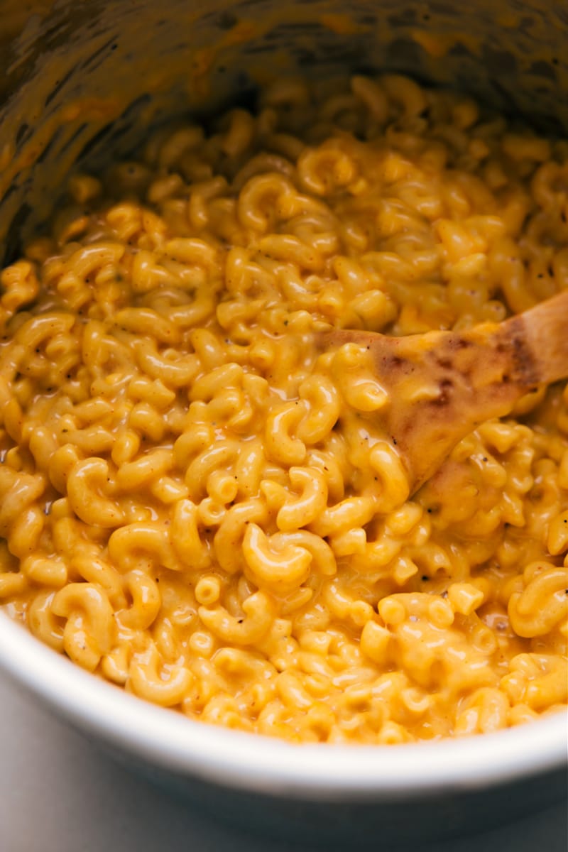 Overhead view of Instant Pot Mac and Cheese, still in the pot.