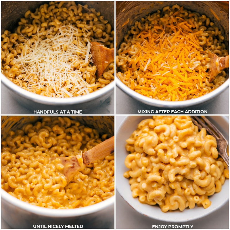 Process shots of instant pot Mac and cheese-- images of the cheese being added and it all being enjoyed