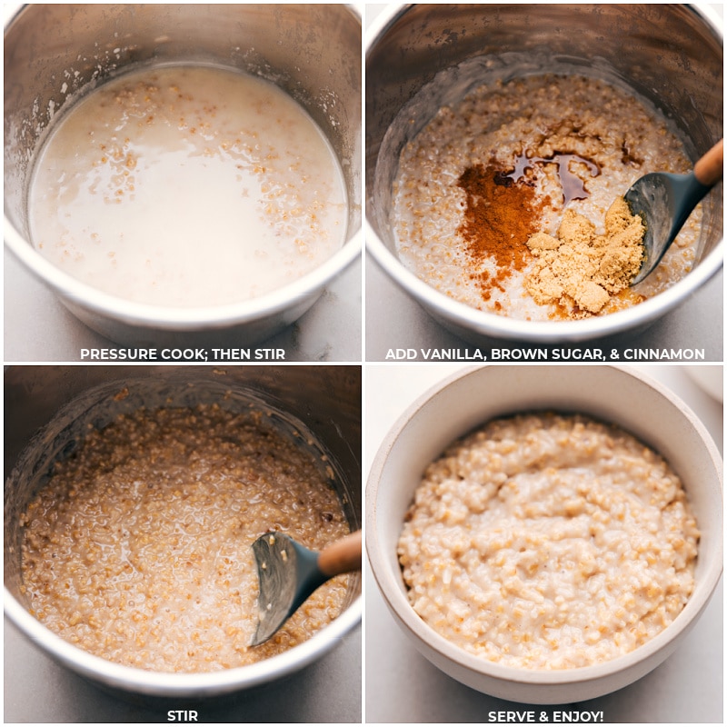 Process shots-- images of the dish being pressure cooked, then vanilla, brown sugar, and cinnamon being added