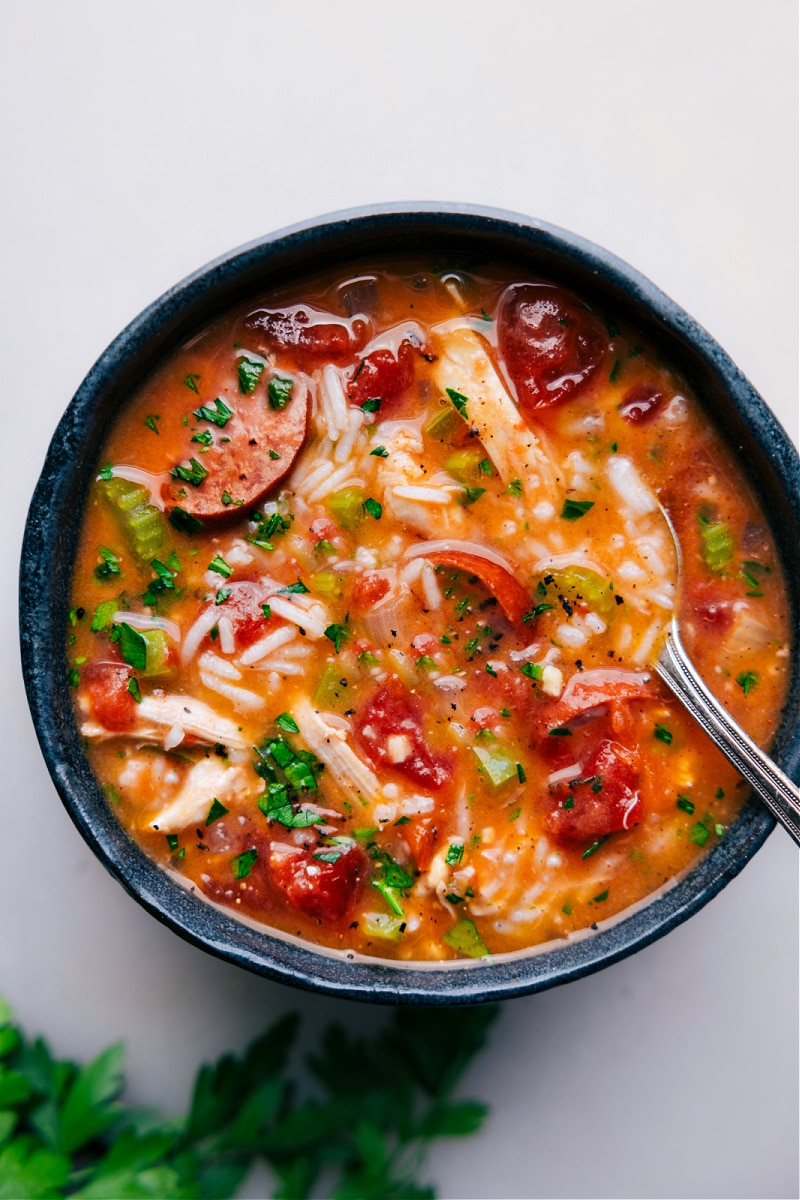 Overhead image of the Instant Pot Chicken, Sausage, and Rice in a bowl