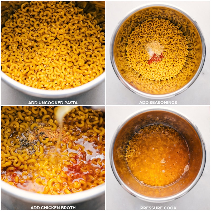 Process shots of Instant Pot Mac and Cheese-- images of the uncooked pasta being added along with seasonings and chicken broth. Then it all being pressure cooked