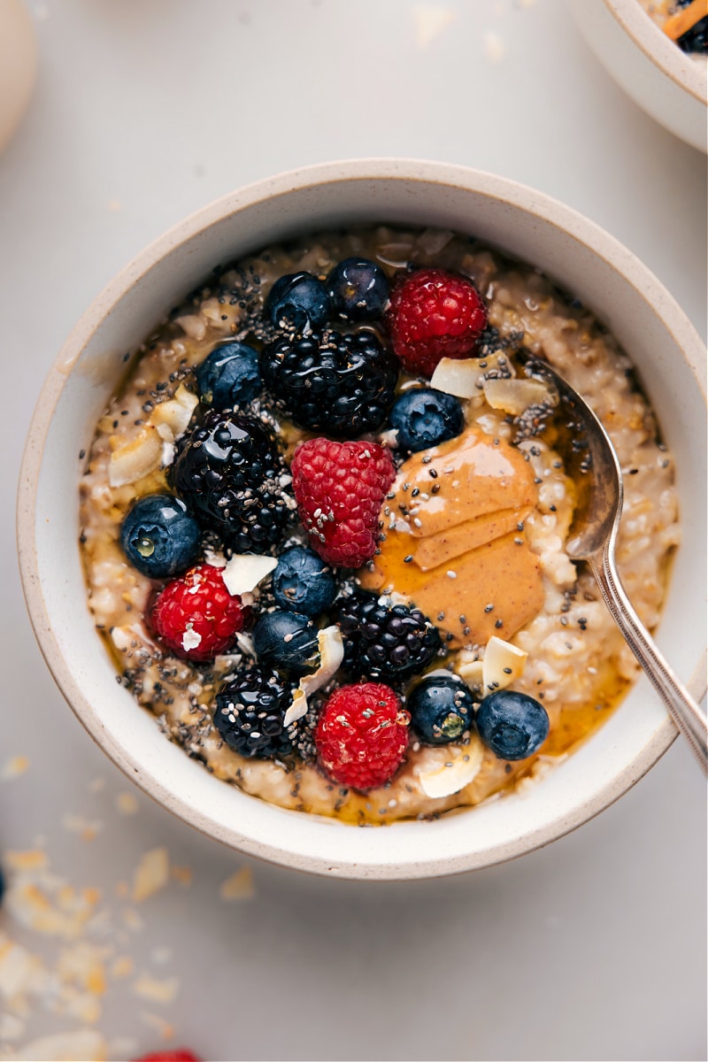 Overhead image of the Instant Pot Oatmeal ready to be enjoyed