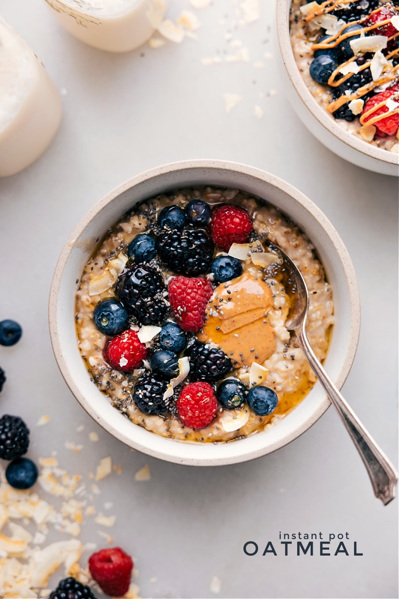 Instant Pot Oatmeal in a bowl with berries on top.