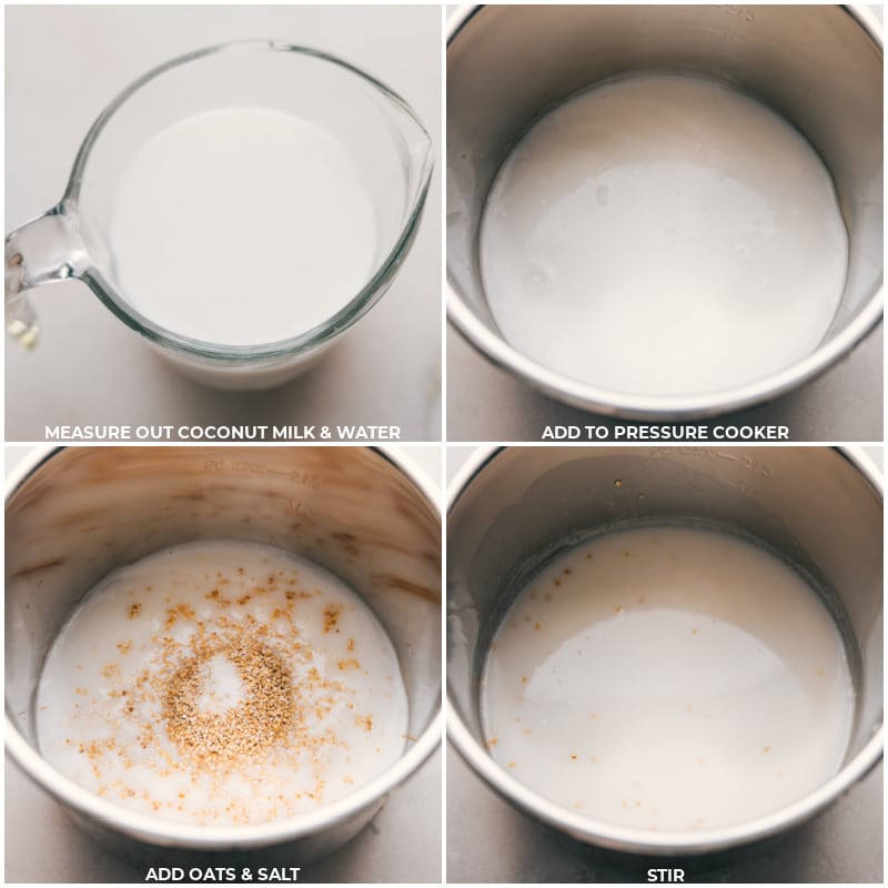 Process shots of Instant Pot Oatmeal-- images of the coconut milk, water, oats, and salt all being added to the instant pot