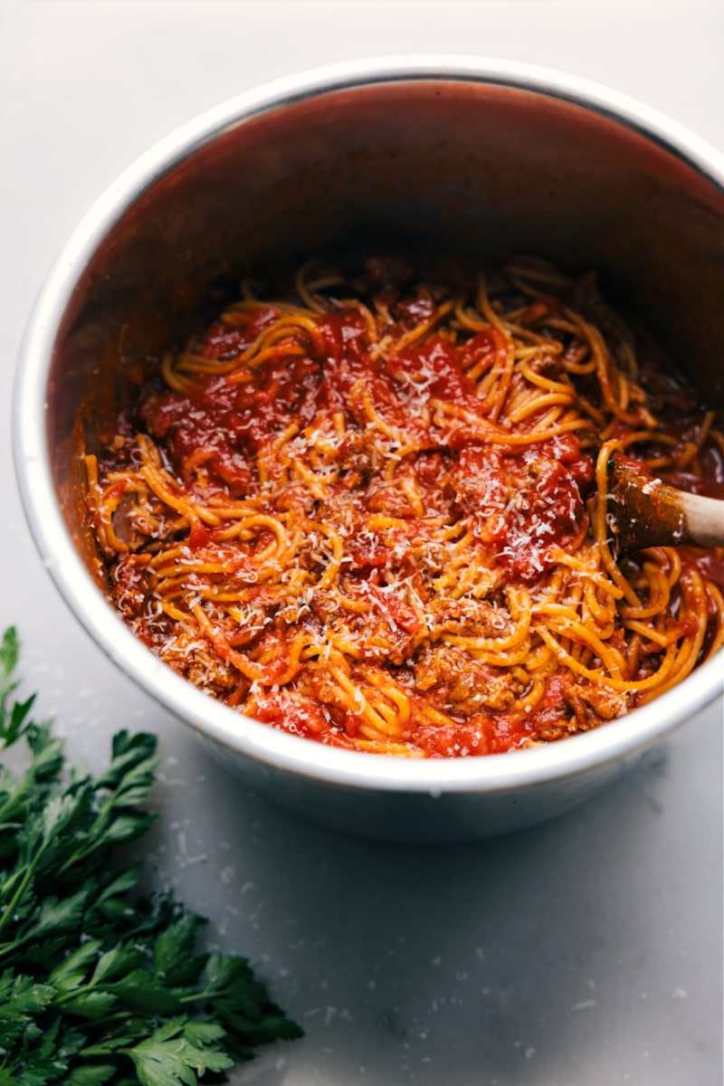 Overhead image of the Instant Pot Spaghetti in the pot ready to be served