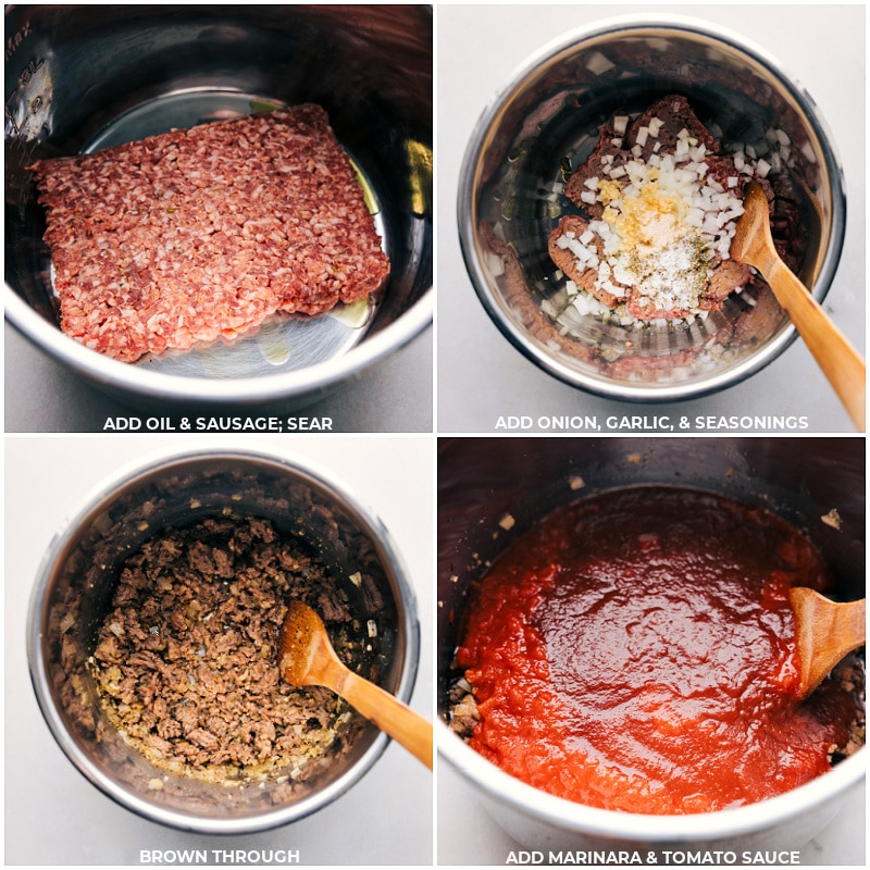 Process shots of instant pot spaghetti-- images of the sausage being seared and then onion, garlic, seasonings, marinara, and tomato sauce all being added to the instant pot
