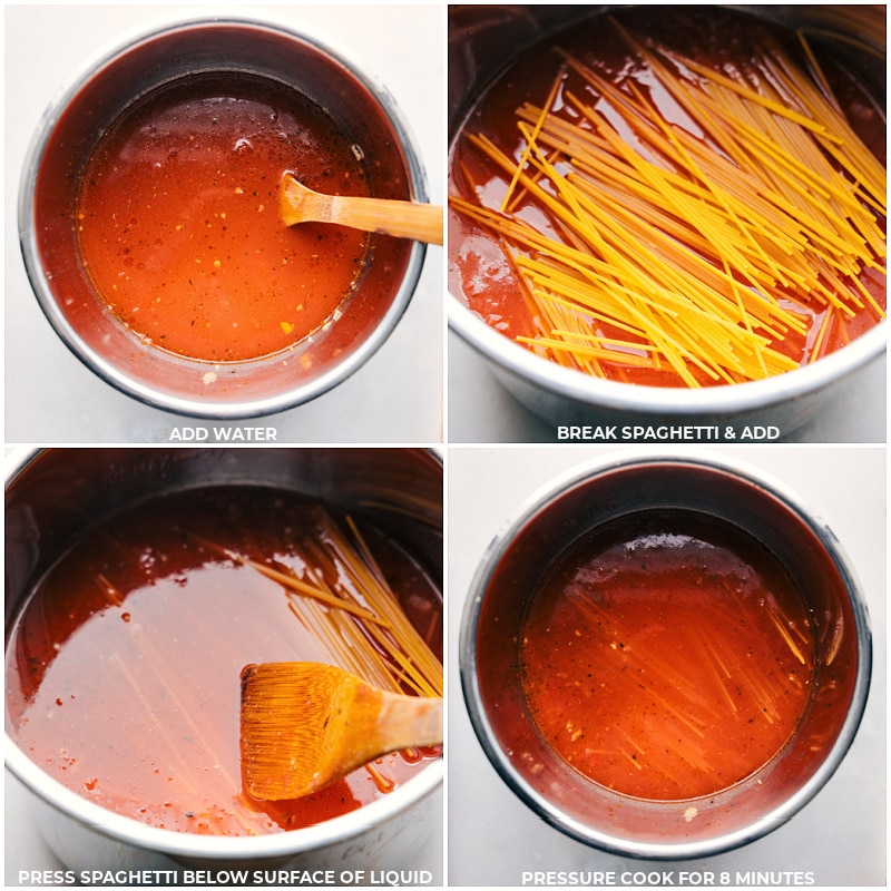 Process shots-- images of the spaghetti being added and it all being pressure cooked