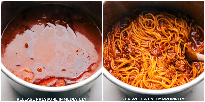 Process shots of Instant Pot Spaghetti-- images of the pressure being released from the instant pot and it all being stirred together