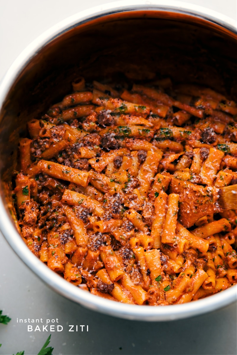 Overhead image of the Instant Pot Baked Ziti, still in the pot