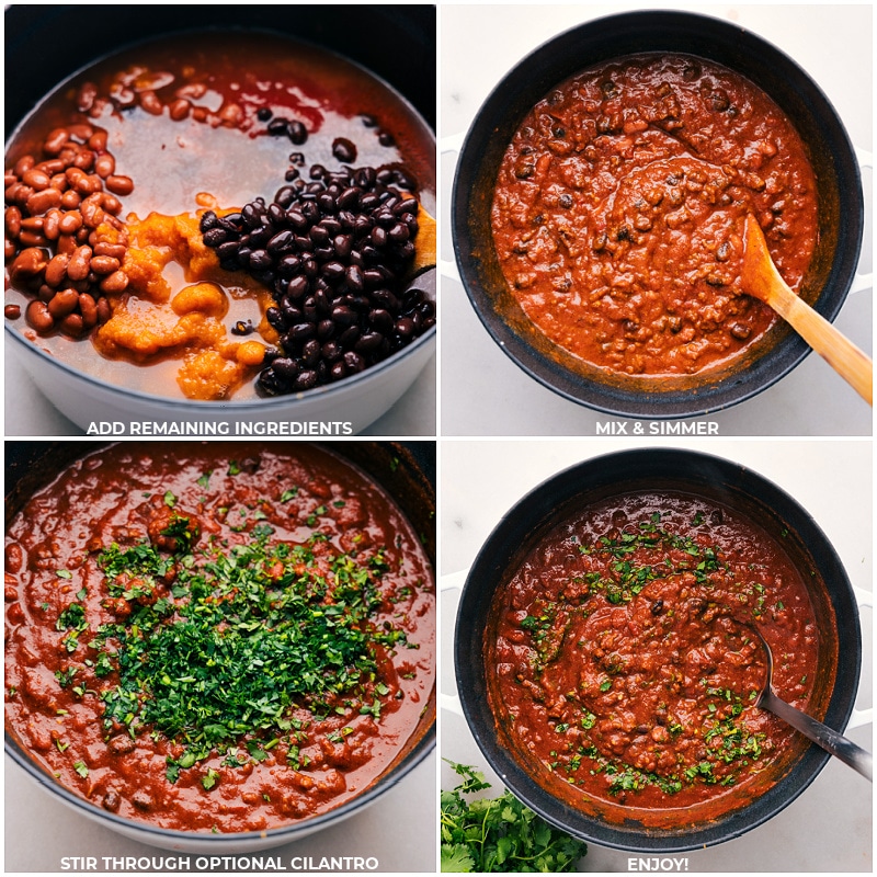 Process shots: Add remaining ingredients; mix and simmer; add cilantro and serve.