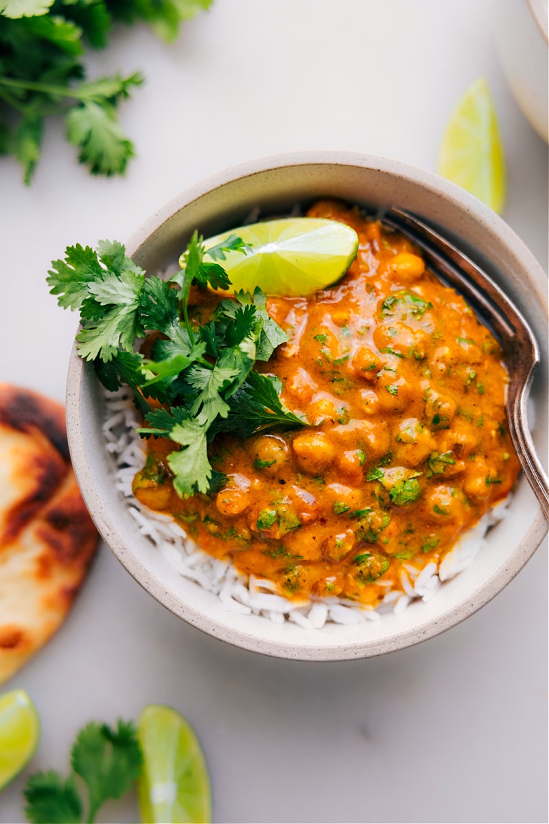 Overhead view of Pumpkin Curry on a bed of rice.