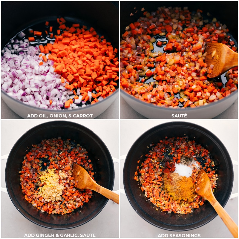 Process shots: Sautee onion and carrot in oil; add ginger; sauté and add seasonings.