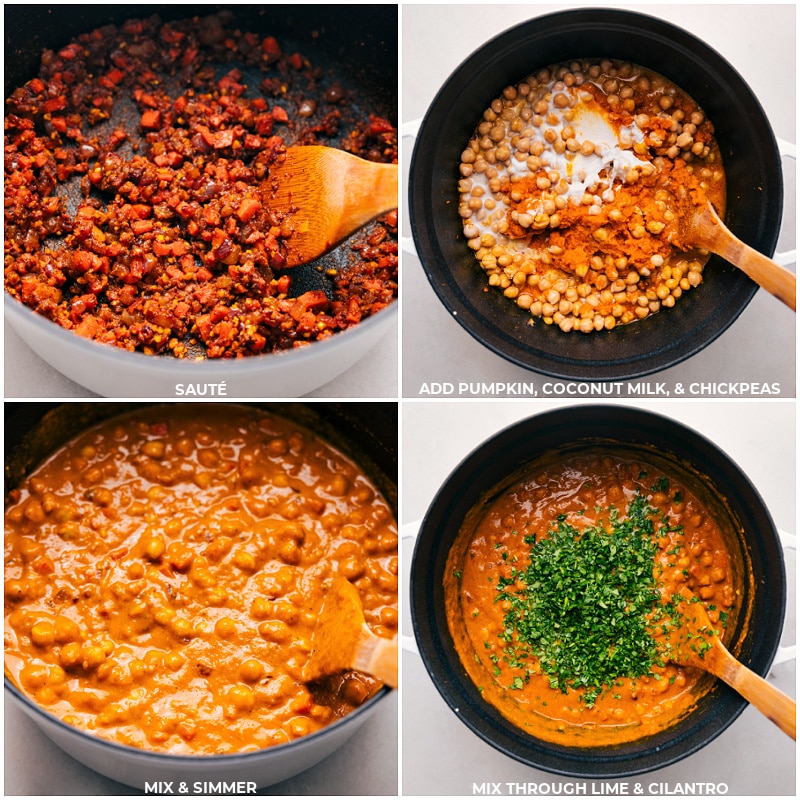 Process shots: Saute mixture; add pumpkin, coconut milk, and chickpeas; simmer and mix through the lime and cilantro.