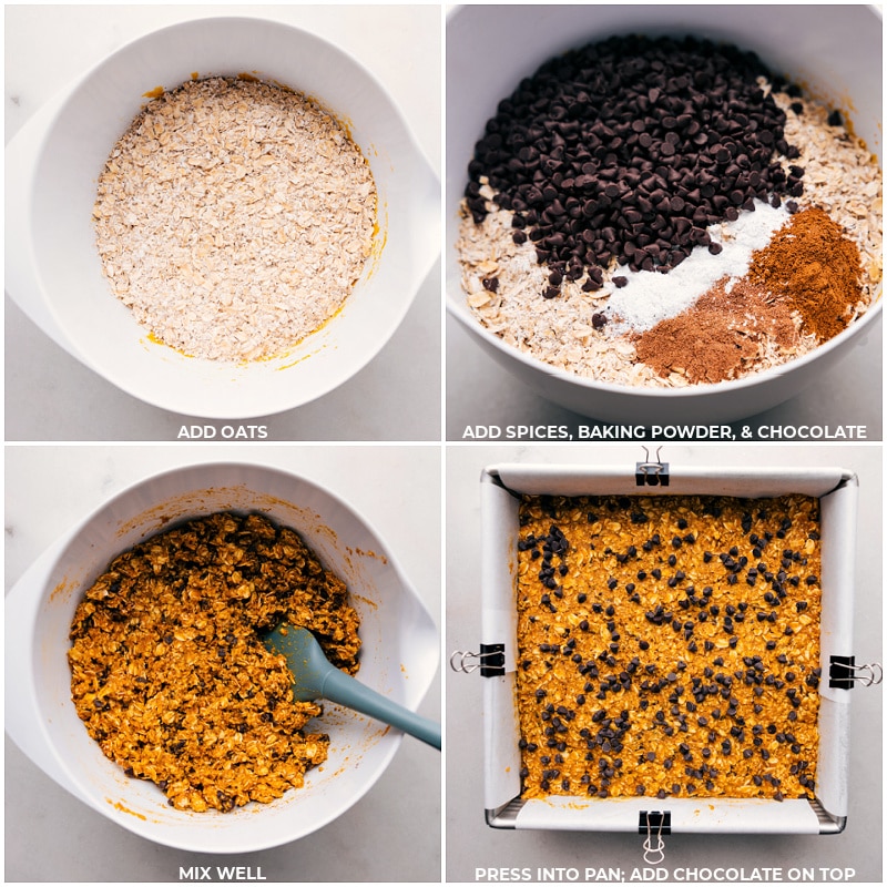 Process shots: add oats to liquid ingredients, followed by spices, baking powder, and chocolate; mix well; press into pan and add chocolate on top.