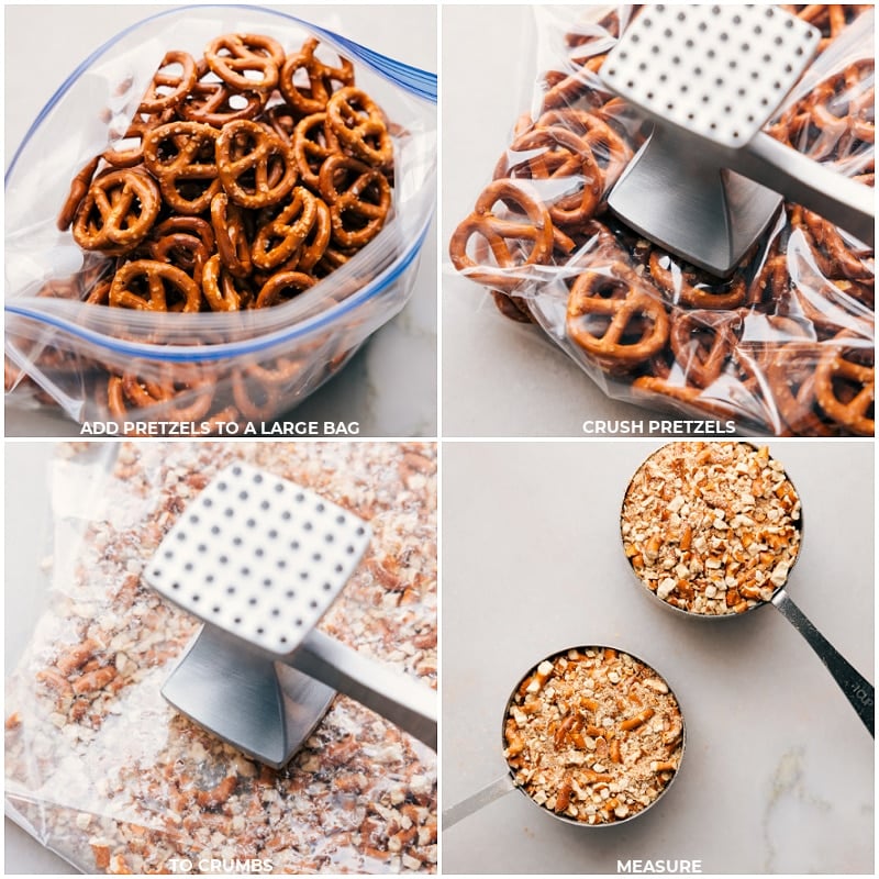 Process shots of Peanut Butter Pretzel Bars-- images of the pretzels being crushed up into small pieces