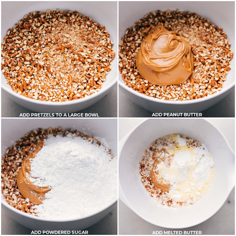 Process shots-- images of the pretzels, peanut butter, powdered sugar, and melted butter all being combined in a large bowl