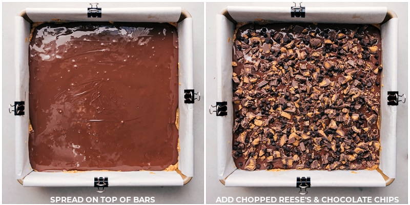 Image of the chocolate being spread on top of the bars and then chopped peanut butter cups and chocolate chips being placed on top