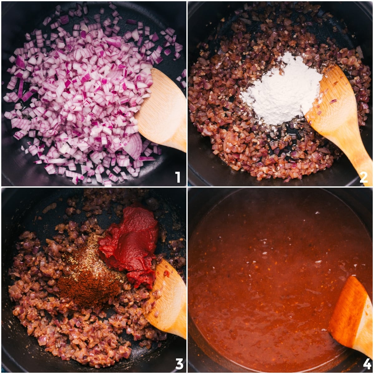 Pinto Bean Soup, or as we like to call it, Refried Bean Soup! Not to mention, it's perfect for vegetarians and vegans! Recipe via ChelseasMessyApron.com #pintobeans #soup #pintos #vegetarian #vegan #quick #easy Sautéed onions with flour, seasonings, tomato paste, and broth being added to the pot for this pinto bean soup recipe.