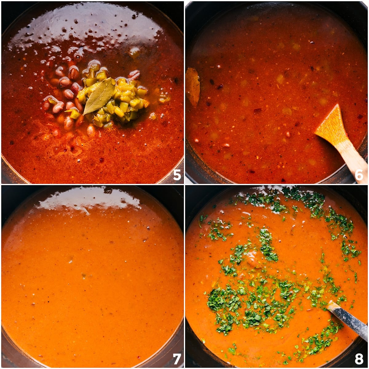 Adding beans, chiles, and a bay leaf to the pot and simmering everything together, then stirring in fresh cilantro after blending.