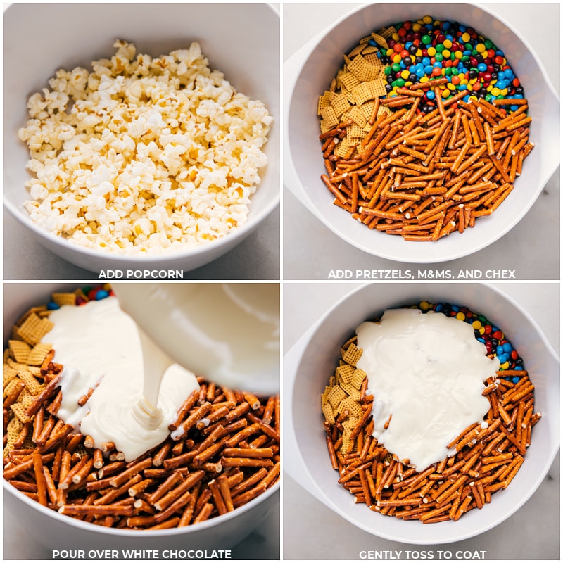 Process shots of Popcorn Snack Mix-- images of the popcorn, pretzels, M&M's, Chex, and white chocolate all being added to a bowl