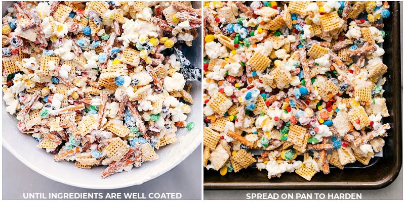 Process shots of Popcorn Snack Mix-- images of everything being spread on a sheet pan to harden