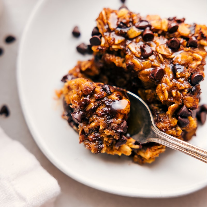 Overhead image of the Pumpkin Baked Oatmeal with a bite coming out of it