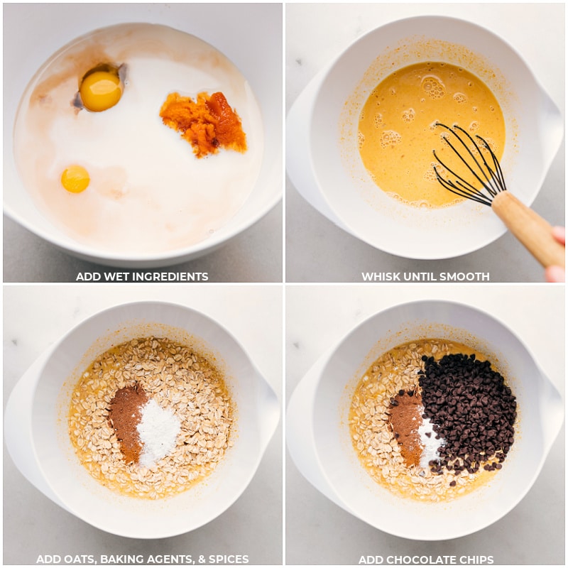 Process shots of Pumpkin Baked Oatmeal-- Images of the wet and dry ingredients being combined