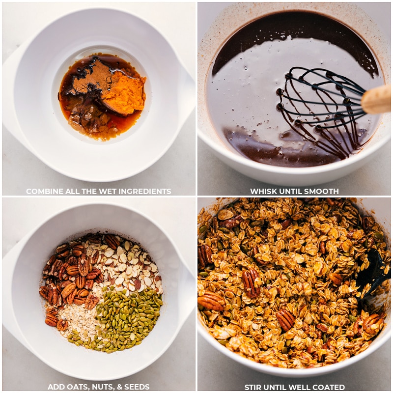 Process shots of Pumpkin Granola-- images of all the wet and dry ingredients being added to a bowl and mixed together