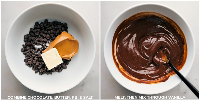 Chocolate, peanut butter, butter, and vanilla being added to a bowl and all mixed together.