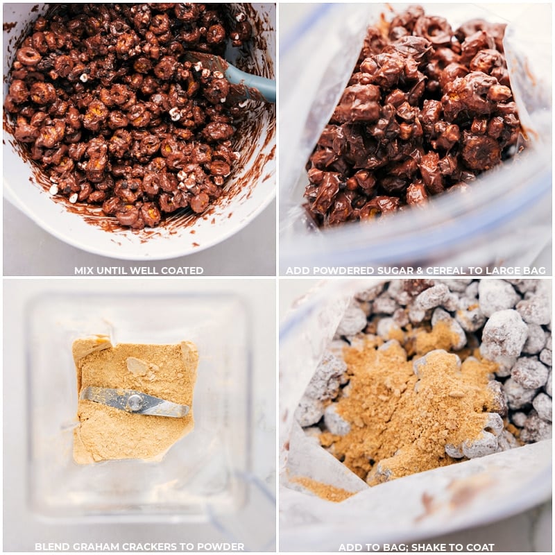 Powdered sugar and graham cracker crumbs added to the chocolate-coated cereal for these S'mores Muddy Buddies.