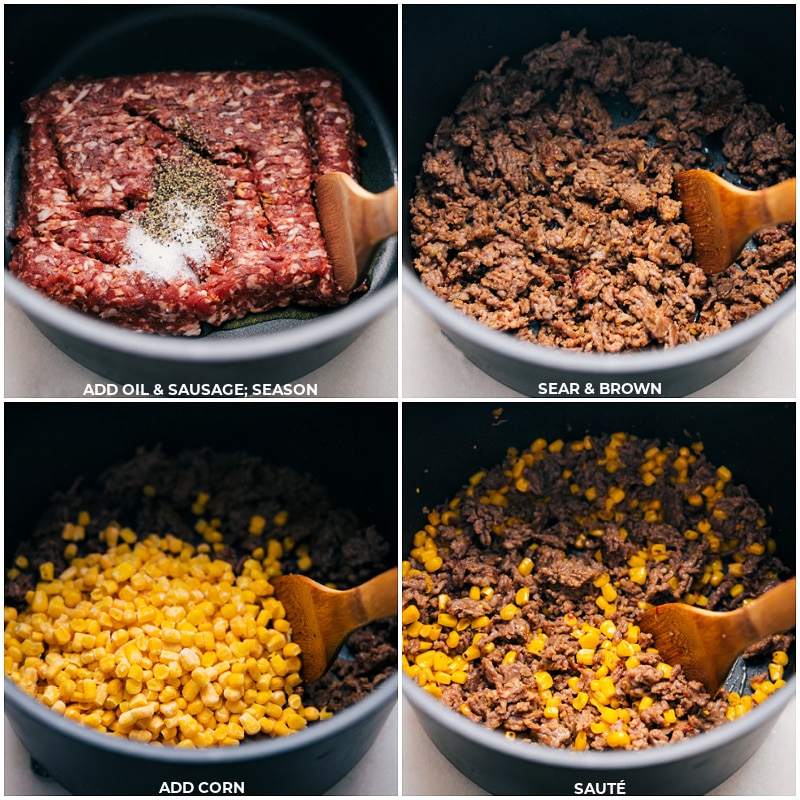 Process shots of Sausage, Corn, and Spinach Orzo--images of the sausage being browned and the corn being added in