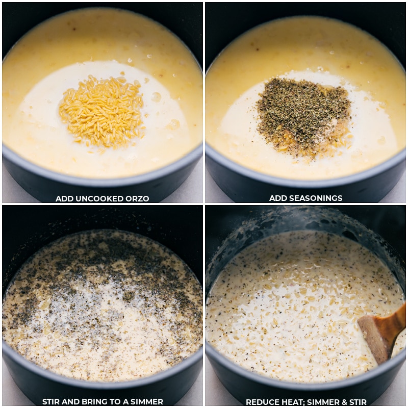 Process shots-- image of the uncooked orzo and seasonings being added to the pot