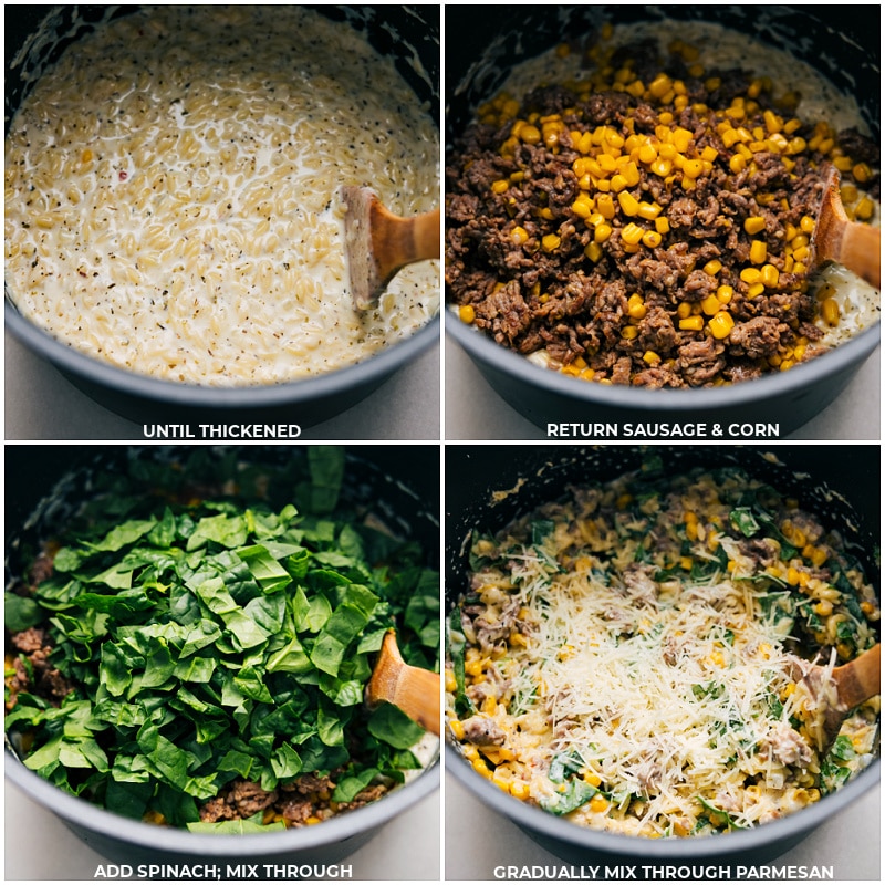 Process shots of Sausage, Corn, and Spinach Orzo-- images of the sausage and corn being added back into the pot along with spinach and Parmesan