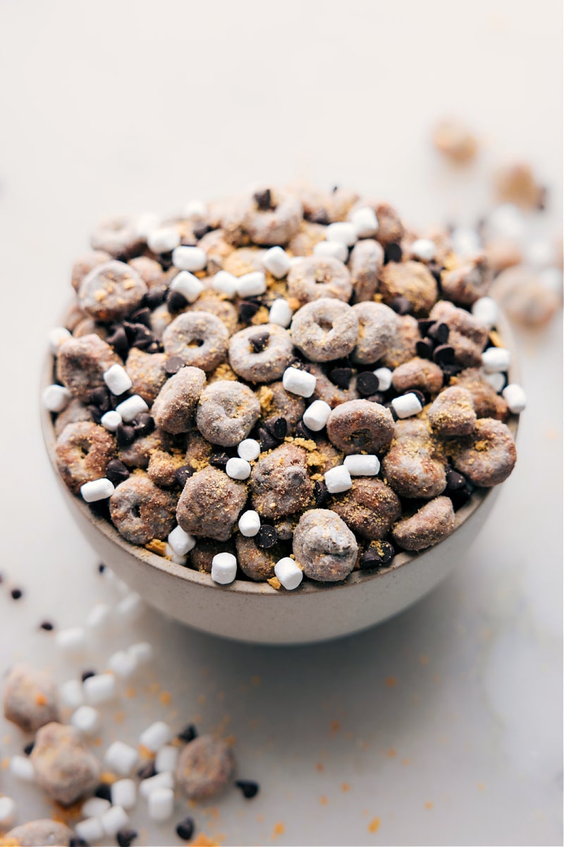 Overhead image of a bowl with the snack mix ready to be enjoyed