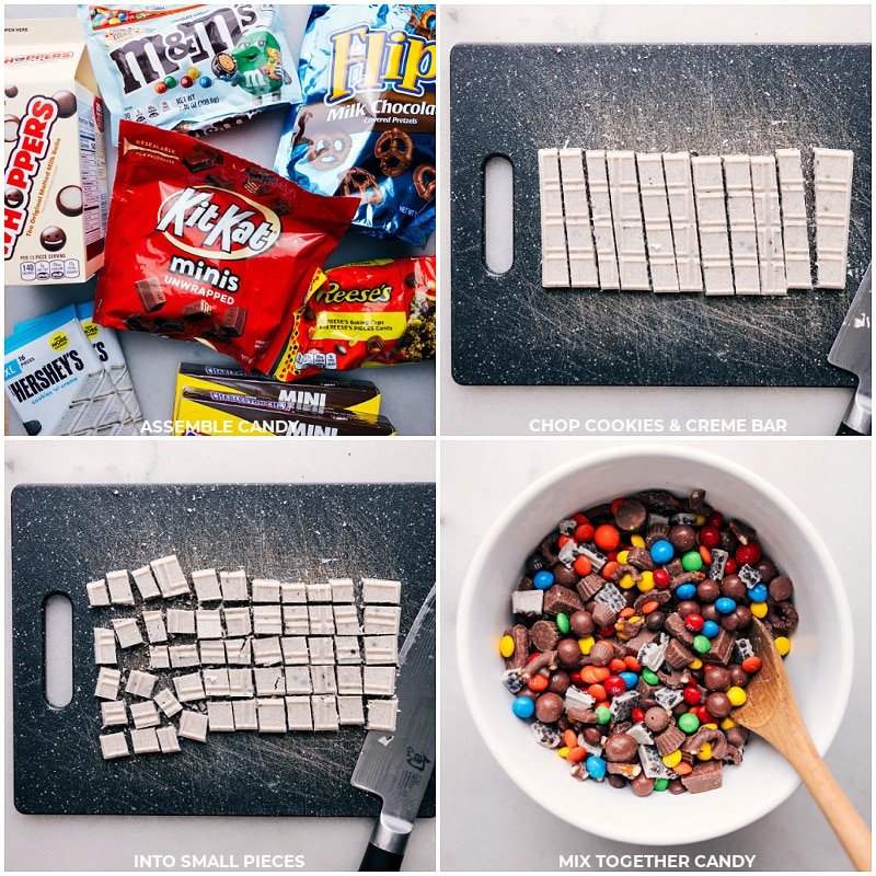 Process shots-- images of all the candy used in this recipe being added to a bowl