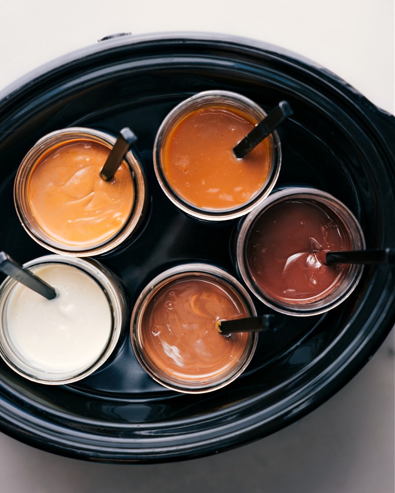 Overhead image of all the sauces in a crockpot