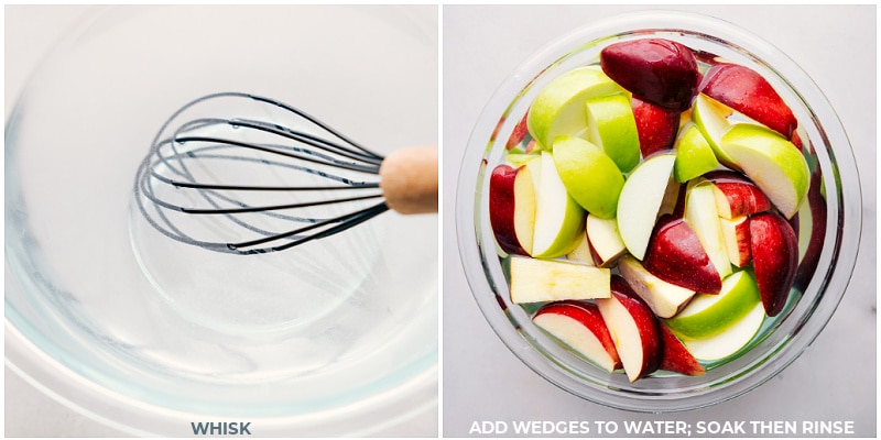 Process shots of Caramel Apple Bar-- images of the apples being soaked in the salt water