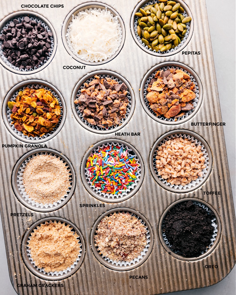 Process shots of Caramel Apple Bar-- images of the toppings all being laid out in muffin tins