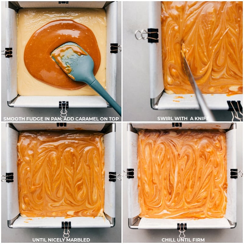 Process shots: smooth the fudge in the pan and add caramel on top; swirl with a knife until marbled; chill until firm