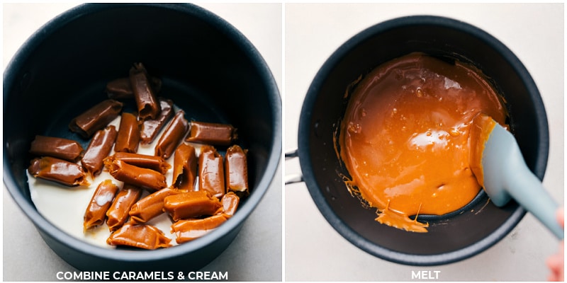 Process shots: Combine caramels and cream; melt thoroughly.