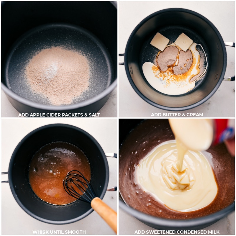 Process shots: Add apple cider packets and salt to a pot; add butter and cream; whisk until smooth; add sweetened condensed milk.