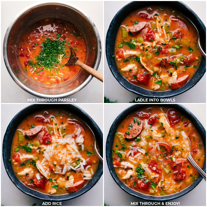 Process shots of Instant Pot Chicken, Sausage, and Rice-- images of the parsley being mixed through and it being served in a bowl