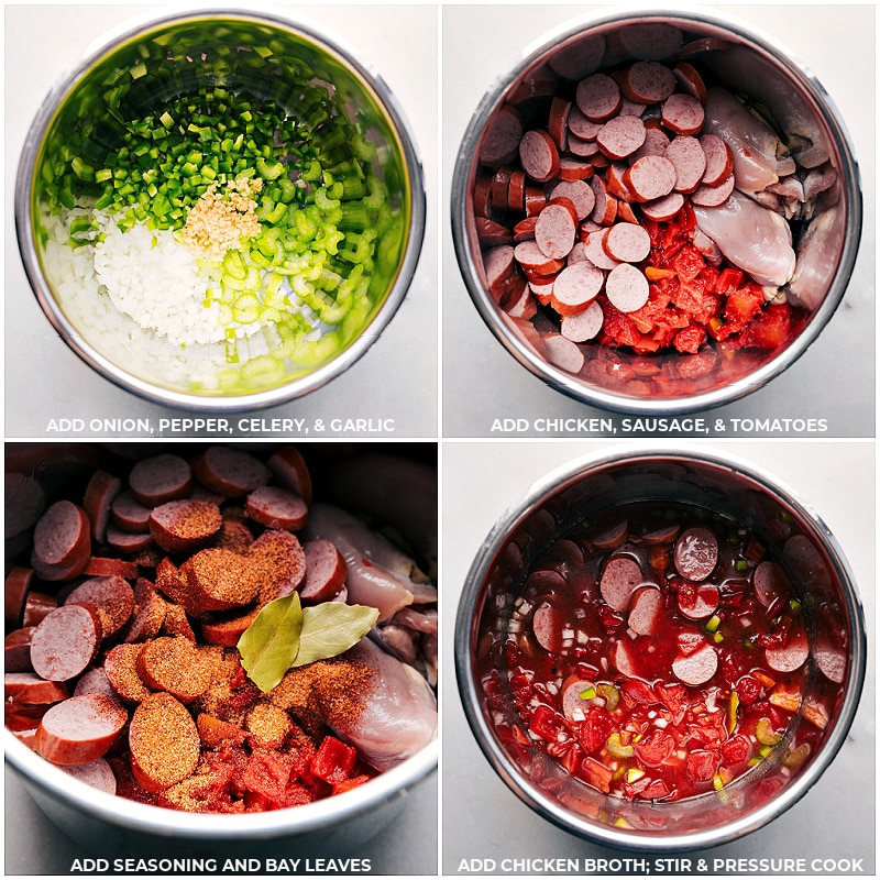 Process shots of Instant Pot Chicken, Sausage, and Rice-- images of onion, pepper, celery, chicken, sausage, tomatoes, seasonings, and chicken broth being added to the instant pot